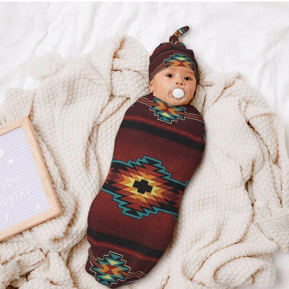 Western Aztec Swaddle and Hat Set for Newborn - Picture 5 of 9